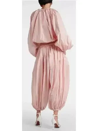 Balloon Pleated Cropped Jacket and Pant Set - Suits & Sets