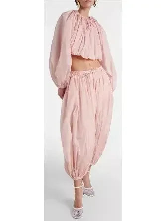 Balloon Pleated Cropped Jacket and Pant Set - Suits & Sets