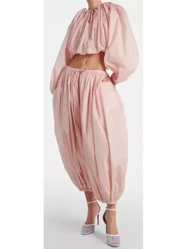 Balloon Pleated Cropped Jacket and Pant Set - small - Suits & Sets
