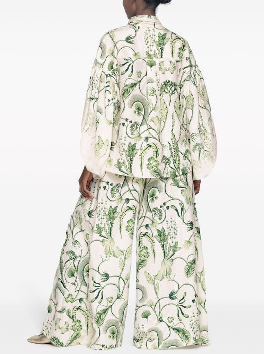 Floral-patterned Balloon-Sleeve Printed Linen Shirt and Wide-Leg Pant Set outfit