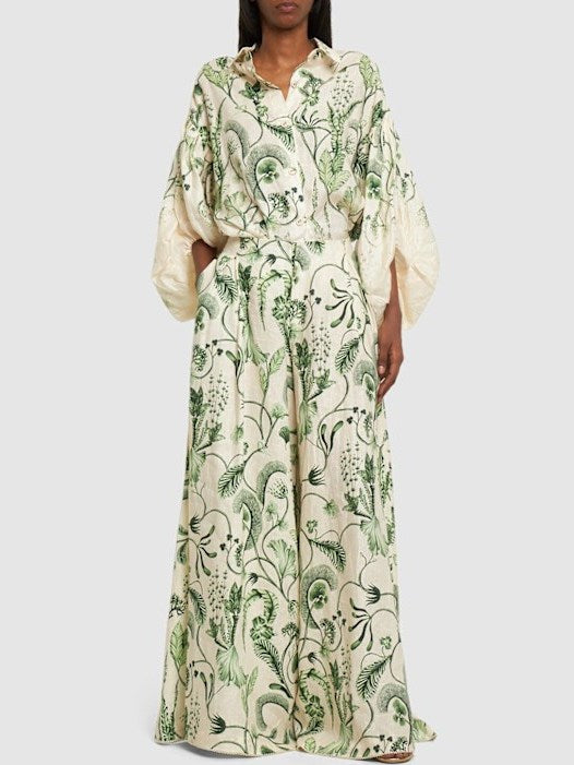 Floral-patterned button-up blouse in Balloon-Sleeve Printed Linen Shirt and Wide-Leg Pant Set