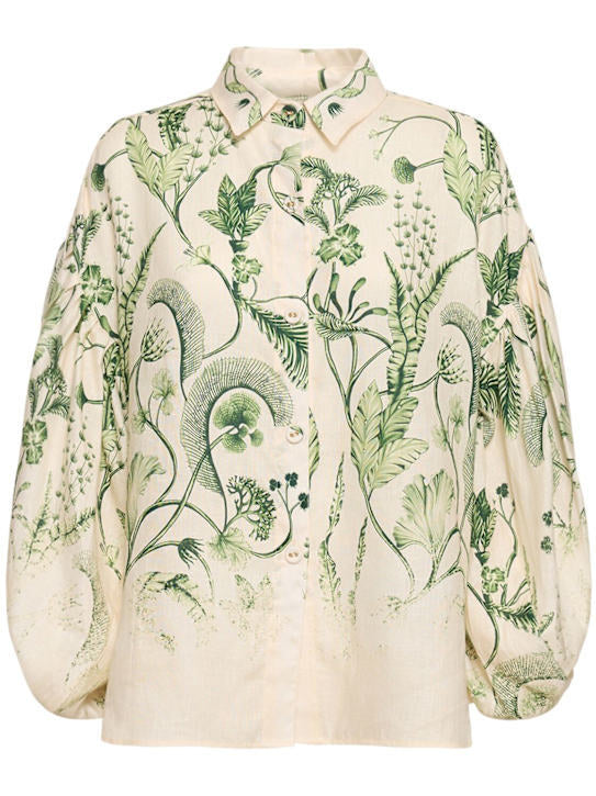 Floral-patterned Balloon-Sleeve Printed Linen Shirt from the Wide-Leg Pant Set