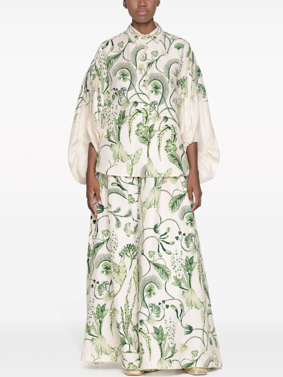Floral-patterned Balloon-Sleeve Printed Linen Shirt and Wide-Leg Pant Set displayed