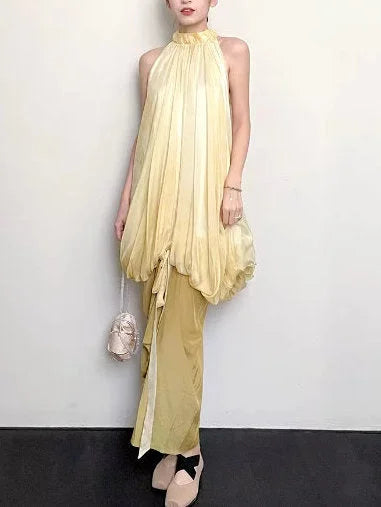 Balloon Tie-Dye Draped Two-Toned Silk Halter Dress - Dresses