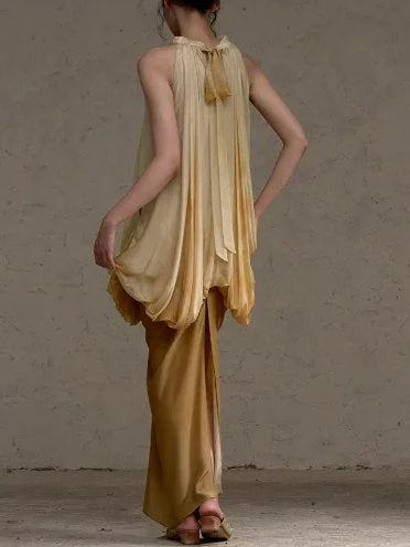 Balloon Tie-Dye Draped Two-Toned Silk Halter Dress - Dresses