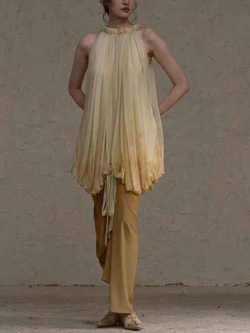 Balloon Tie-Dye Draped Two-Toned Silk Halter Dress - Dresses