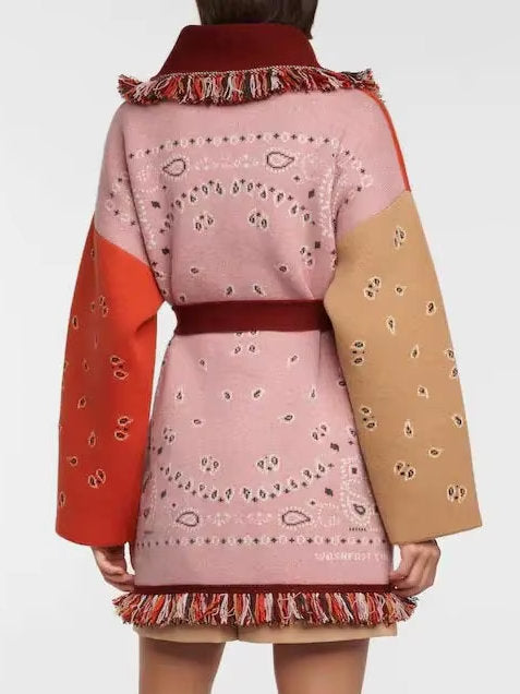 Bandana Patchwork Fringe Belted Cardigan Sweater - Sweaters & Knitwear