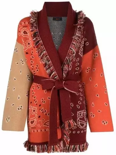Bandana Patchwork Fringe Belted Cardigan Sweater - Sweaters & Knitwear