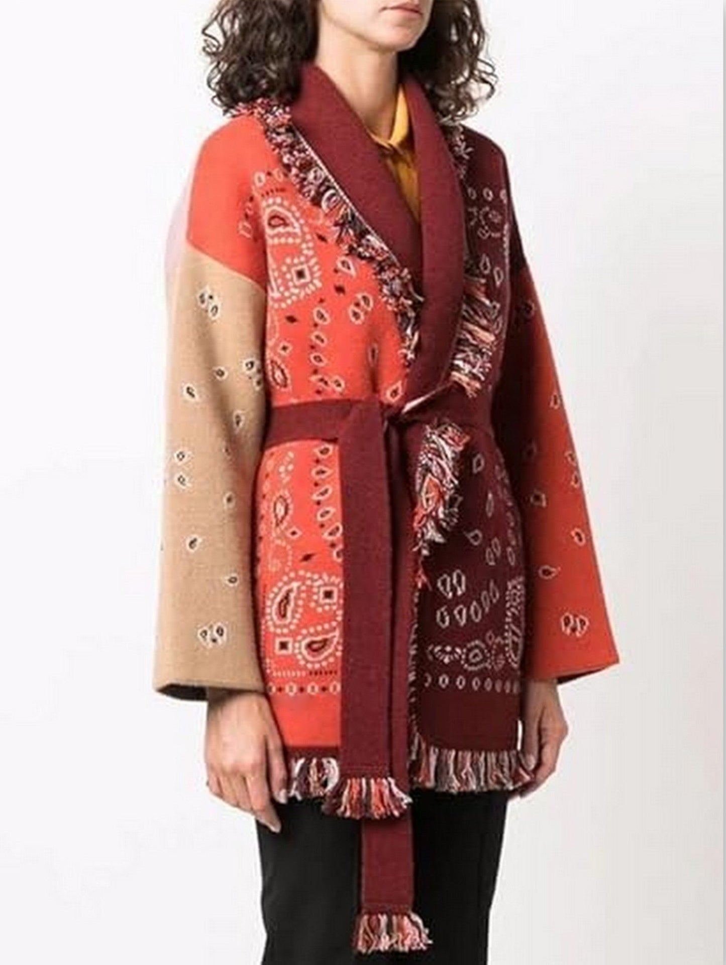 Bandana Patchwork Fringe Belted Cardigan Sweater - Sweaters & Knitwear