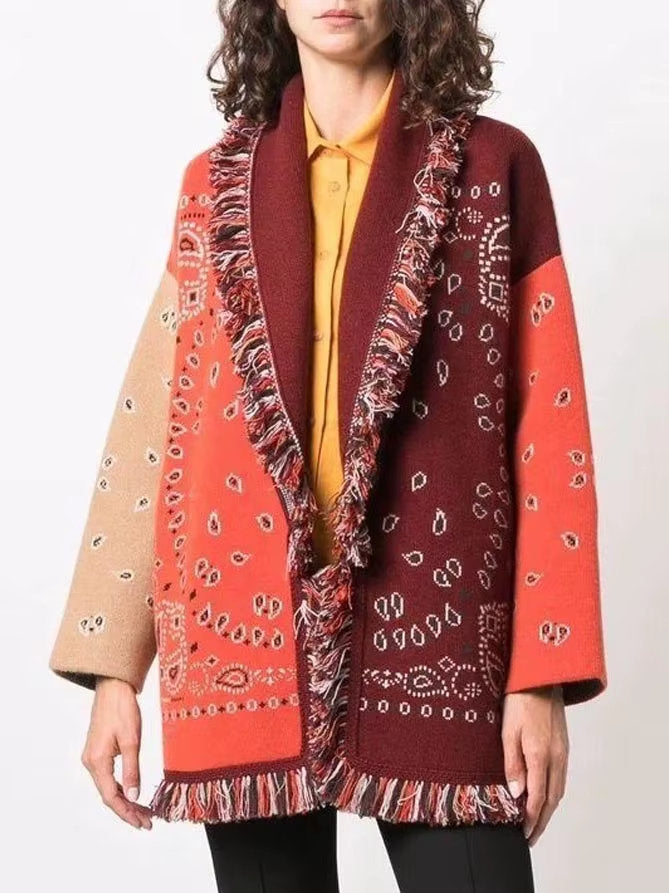 Bandana Patchwork Fringe Belted Cardigan Sweater - Sweaters & Knitwear