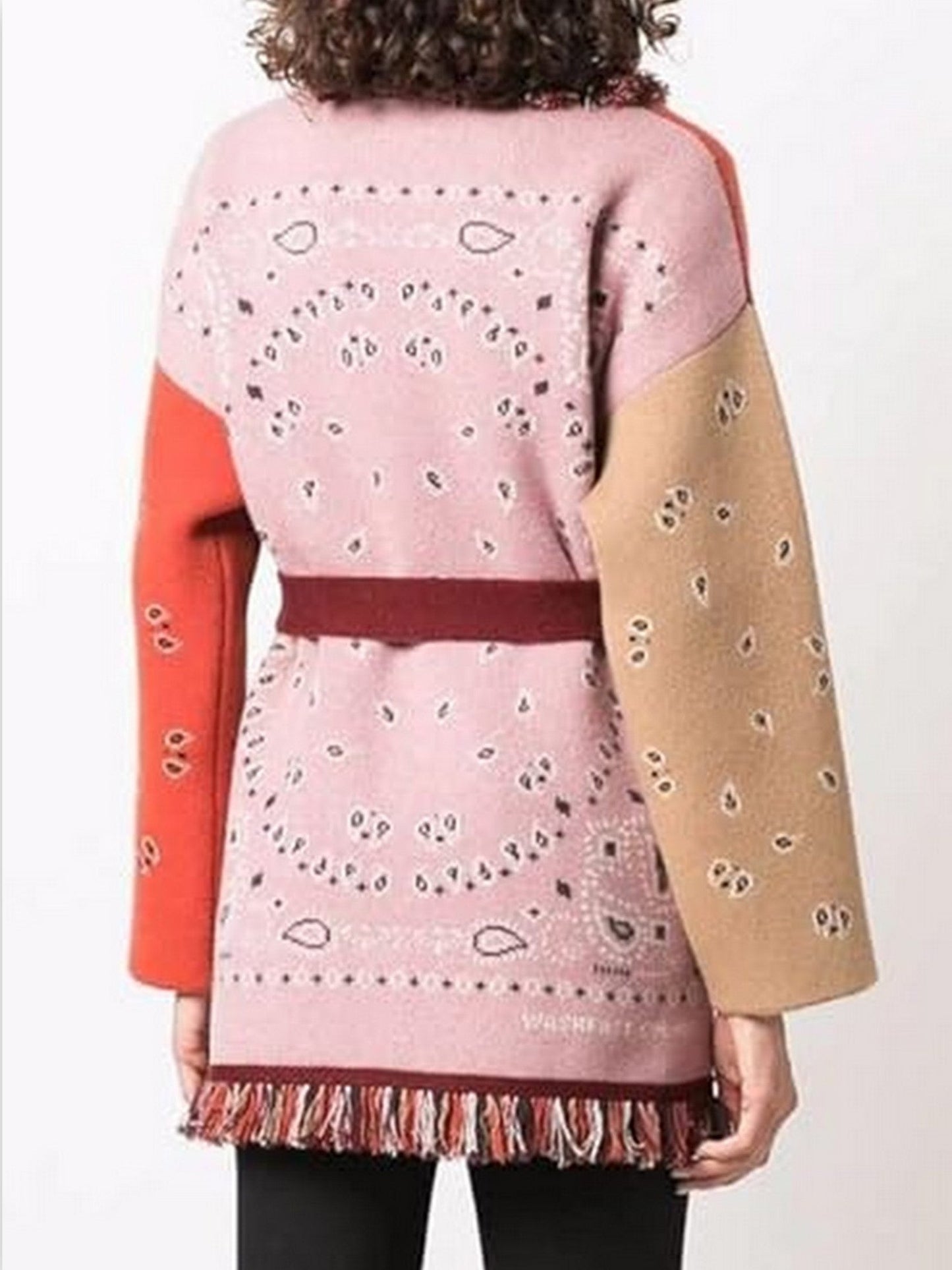 Bandana Patchwork Fringe Belted Cardigan Sweater - Sweaters & Knitwear