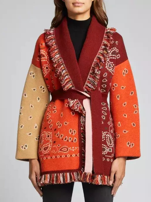 Bandana Patchwork Fringe Belted Cardigan Sweater - Sweaters & Knitwear