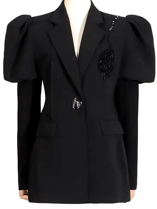 Bead-Embellished Black Puff-Sleeve Blazer - Jackets