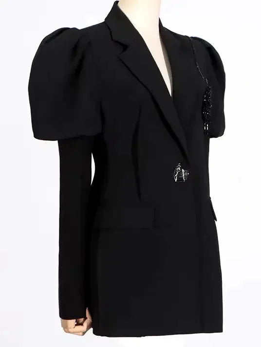 Bead-Embellished Black Puff-Sleeve Blazer - Jackets