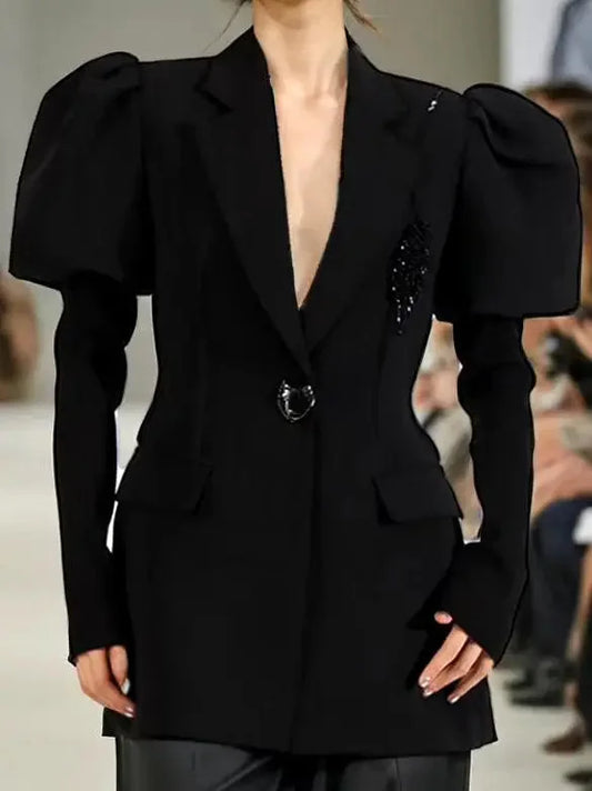 Bead-Embellished Black Puff-Sleeve Blazer - Jackets
