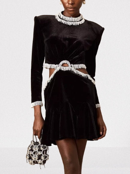 Bead-Embellished Black Velvet Mini Dress - Dresses