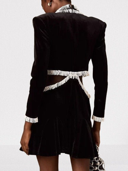 Bead-Embellished Black Velvet Mini Dress - Dresses