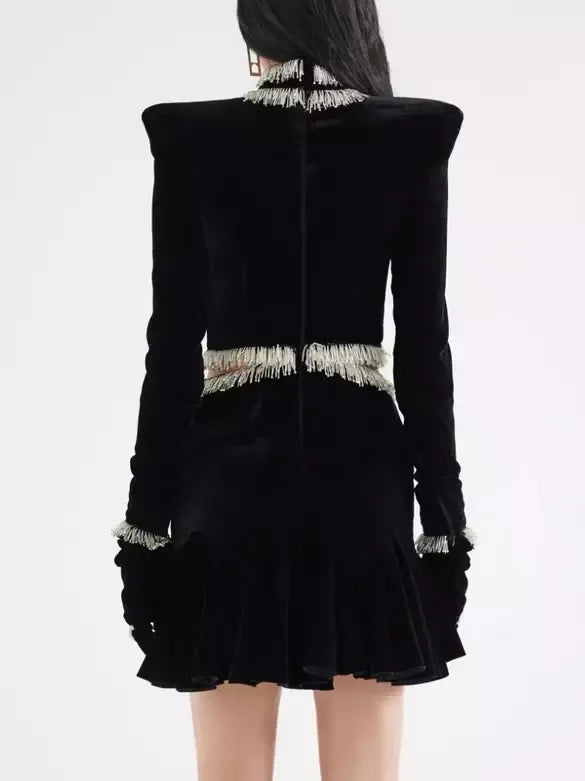 Bead-Embellished Black Velvet Mini Dress - Dresses