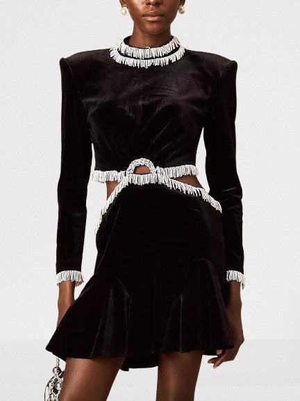Bead-Embellished Black Velvet Mini Dress - Dresses