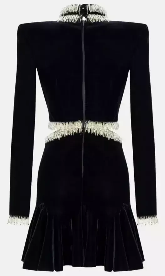 Bead-Embellished Black Velvet Mini Dress - Dresses
