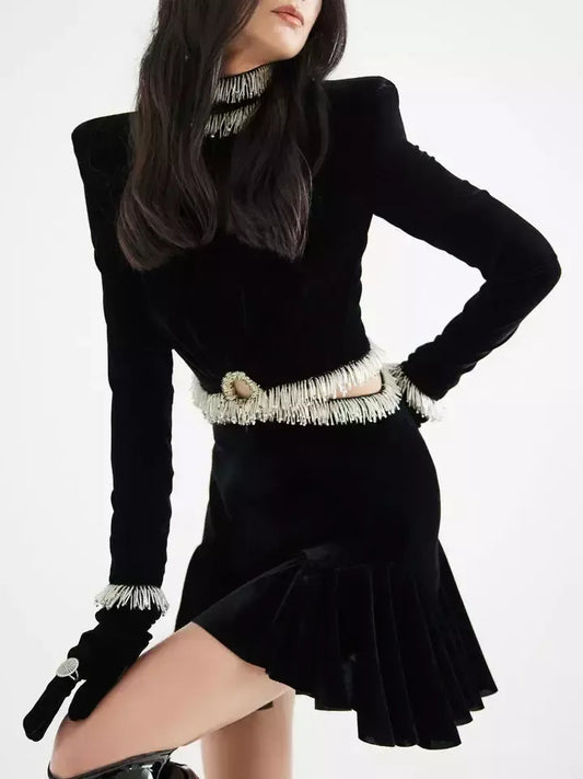 Bead-Embellished Black Velvet Mini Dress - Dresses