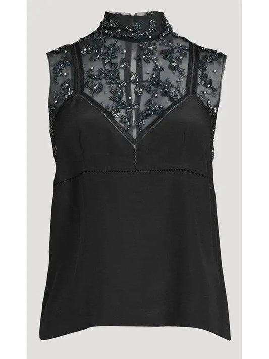 Bead-Embellished Crepe De Chine Silk Top in Black - Tops