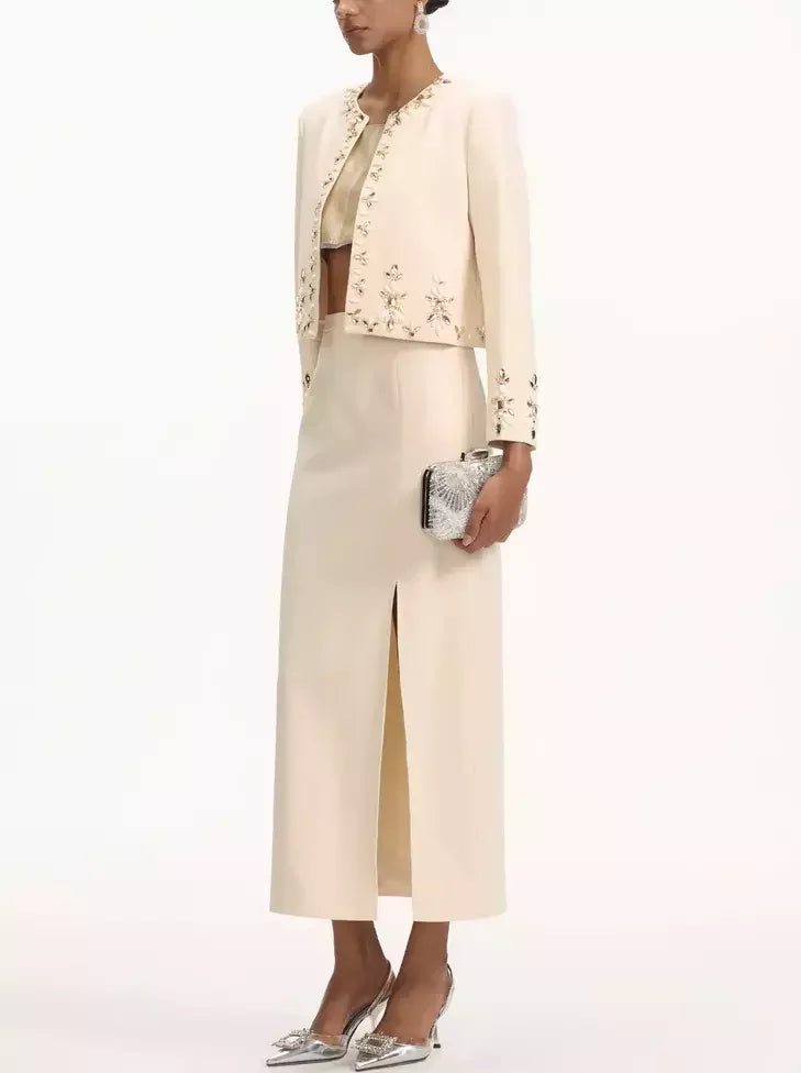 Ivory Bead-Embellished Cropped Jacket and Skirt Set by Branna Couture