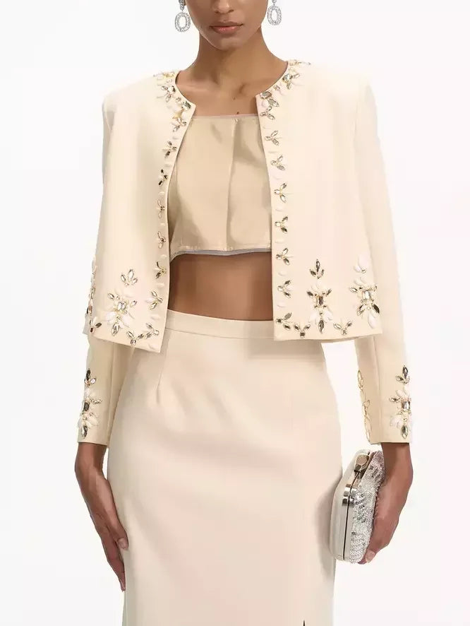 Ivory Bead-Embellished Cropped Jacket and Skirt Set by Branna Couture