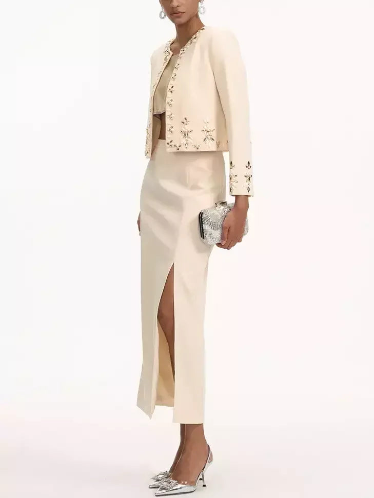 Ivory Bead-Embellished Cropped Jacket and Skirt Set by Branna Couture
