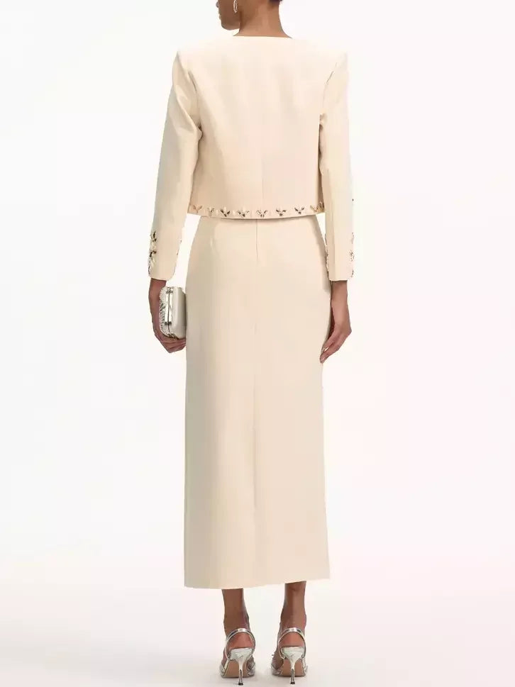 Cream-colored Bead-Embellished Cropped Jacket and Skirt Set by Branna Couture