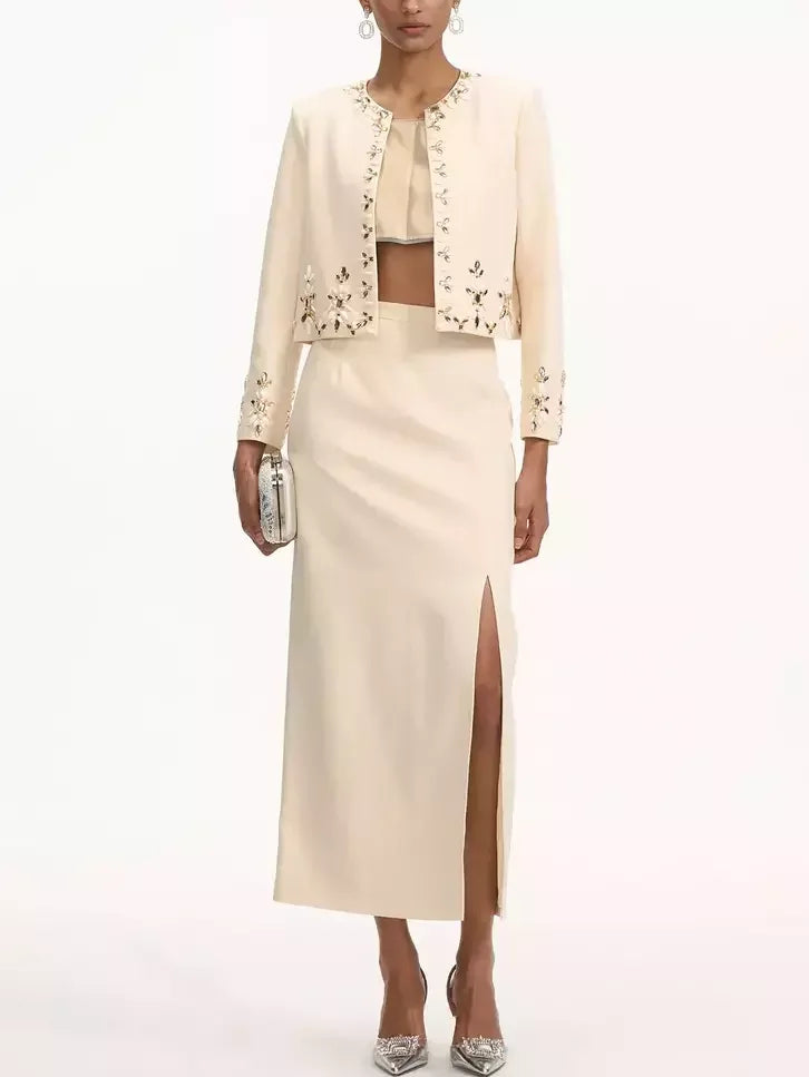 Cream-colored Bead-Embellished Cropped Jacket and Skirt Set by Branna Couture