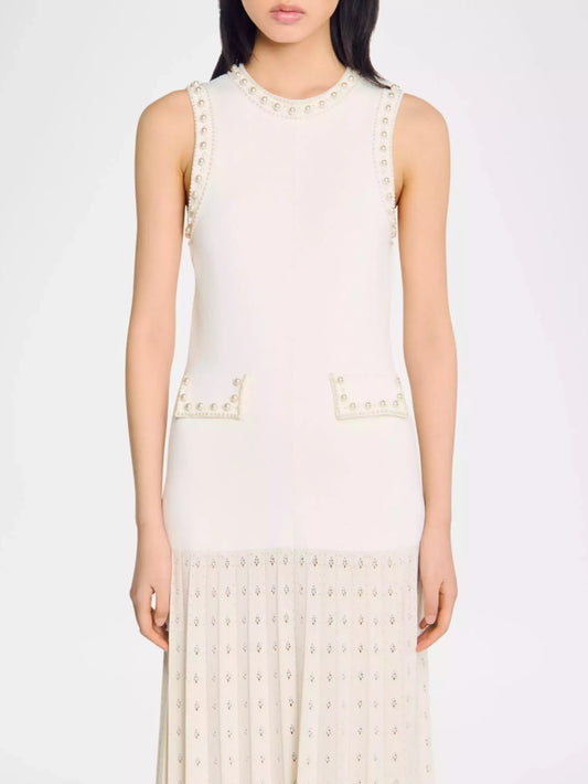 Sleeveless cream bead-embellished drop-waist knit pleated midi dress with elegant details