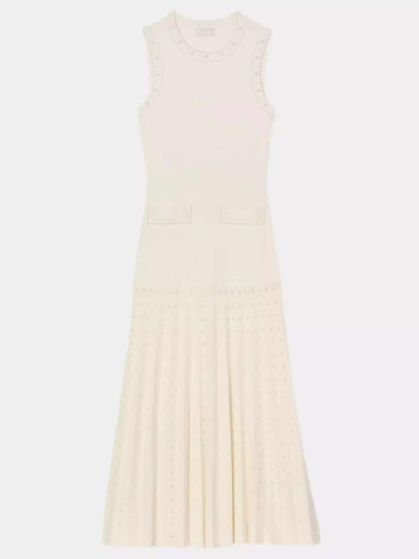 Sleeveless cream-colored Bead-Embellished Drop-Waist Knit Pleated Midi Dress with trim