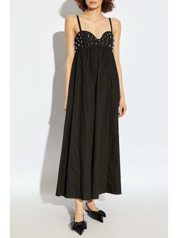 Black bead-embellished empire-waist maxi dress with embellished bodice detail