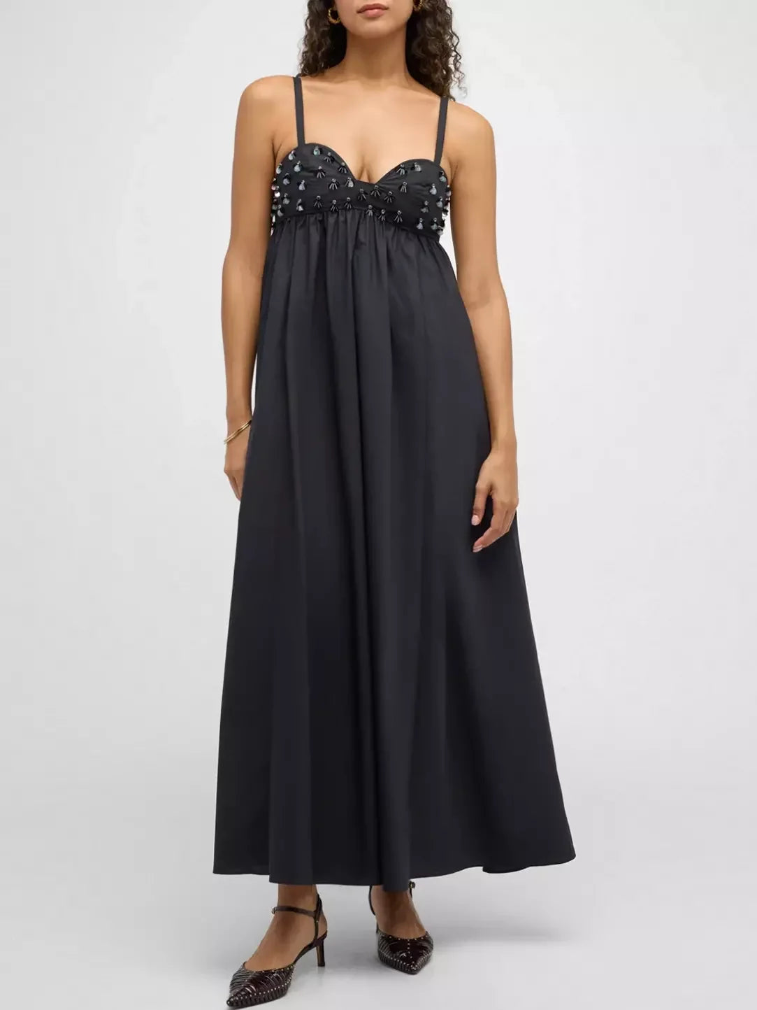 Black bead-embellished empire-waist maxi dress with a stunning embellished bodice