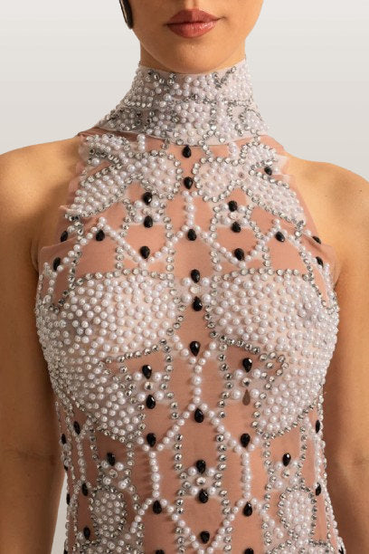 Bead-Embellished Sleeveless Halterneck Dress - Dresses