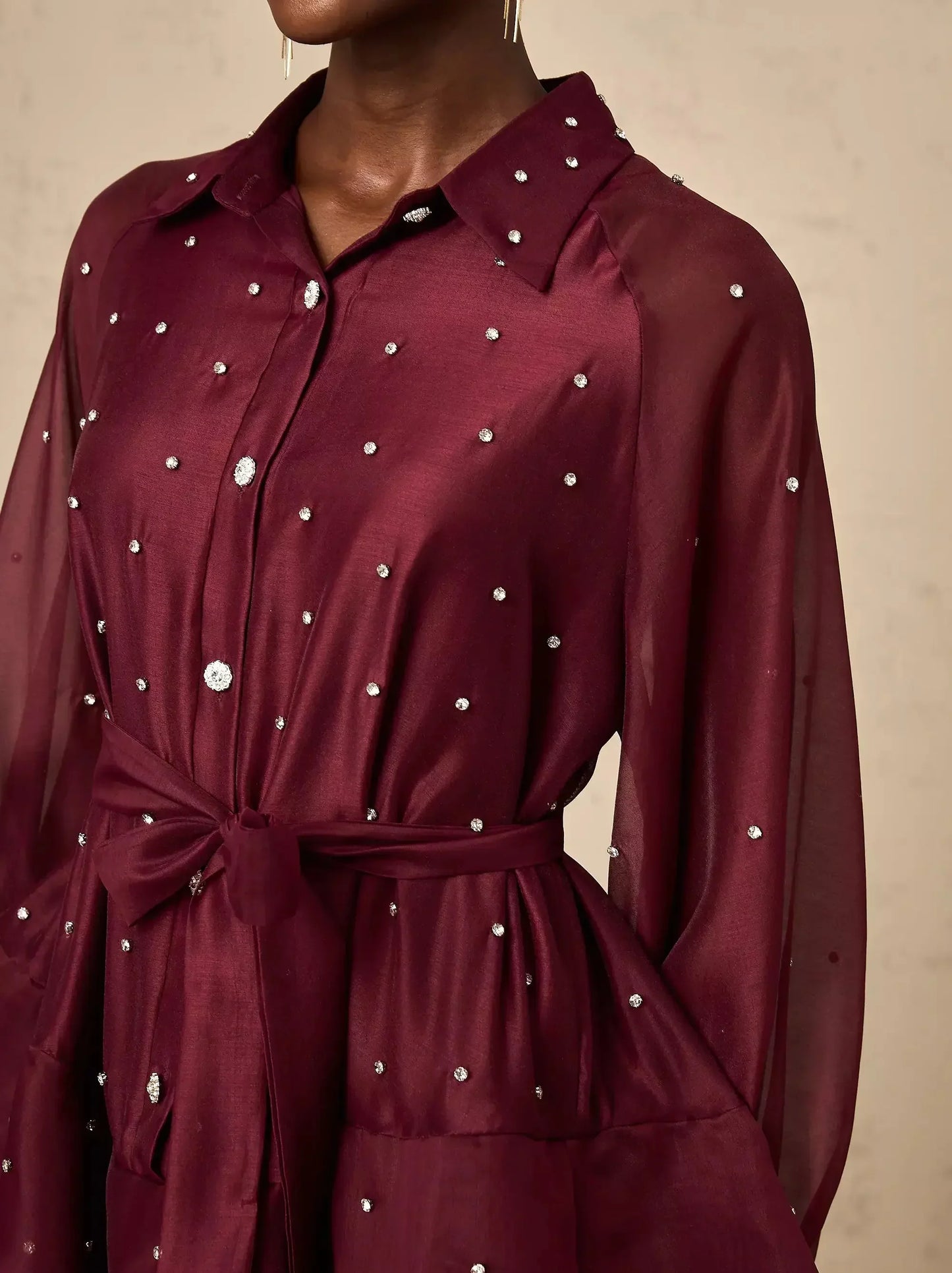 Bead-Embellished Tiered Flared Shirt Dress in Burgundy - Dresses