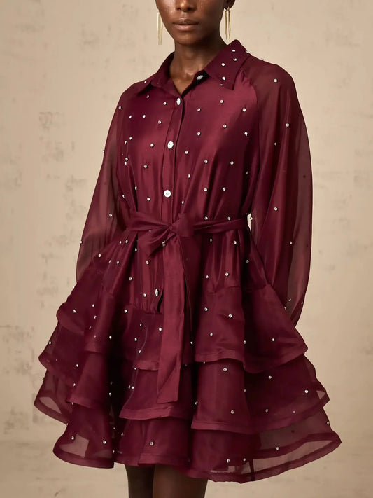 Bead-Embellished Tiered Flared Shirt Dress in Burgundy - Dresses