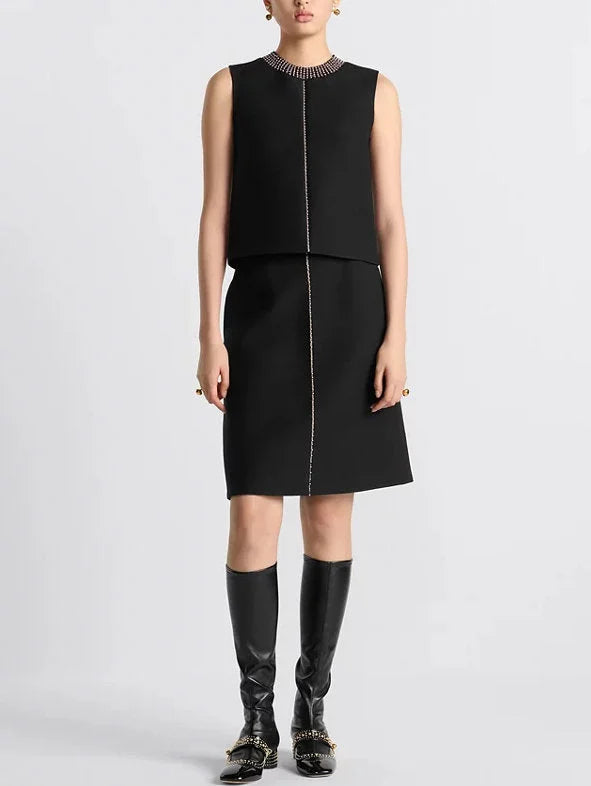 Bead-Embellished Wool and Silk Top and Skirt Set in Black - Suits & Sets