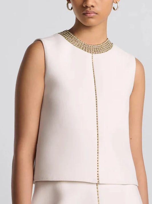 Bead-Embellished Wool and Silk Top and Skirt Set in Cream - Suits & Sets