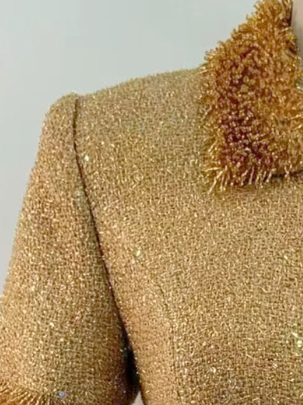 Gold Bead-Fringe-Trimmed Sequin Tweed Dress showcasing fringe details and stylish elegance
