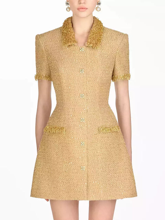 Gold Bead-Fringe-Trimmed Sequin Tweed Dress showcasing stylish fringe details
