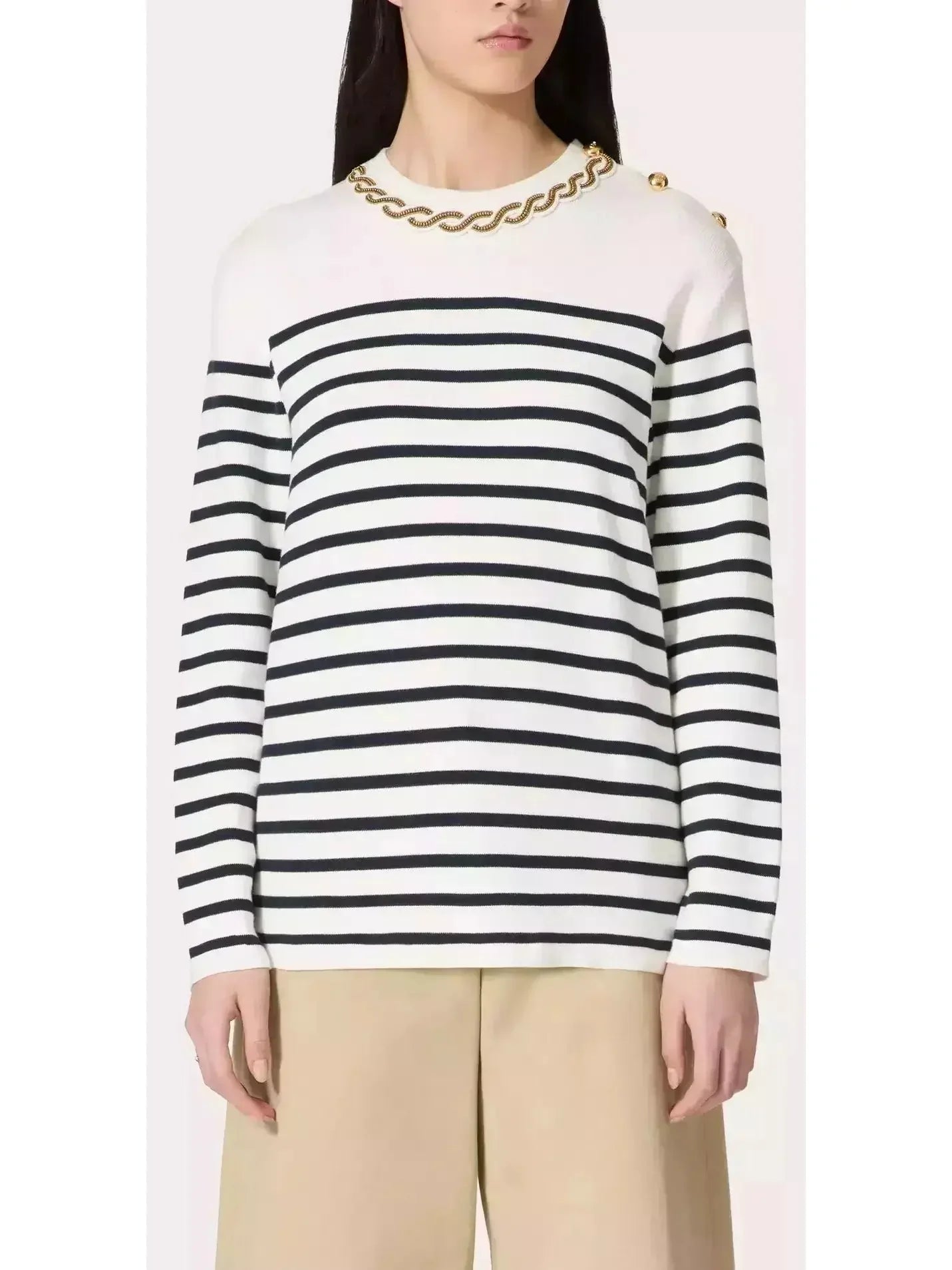 Bead Link Embroidered Collar Striped Knit Sweater - Sweaters & Knitwear