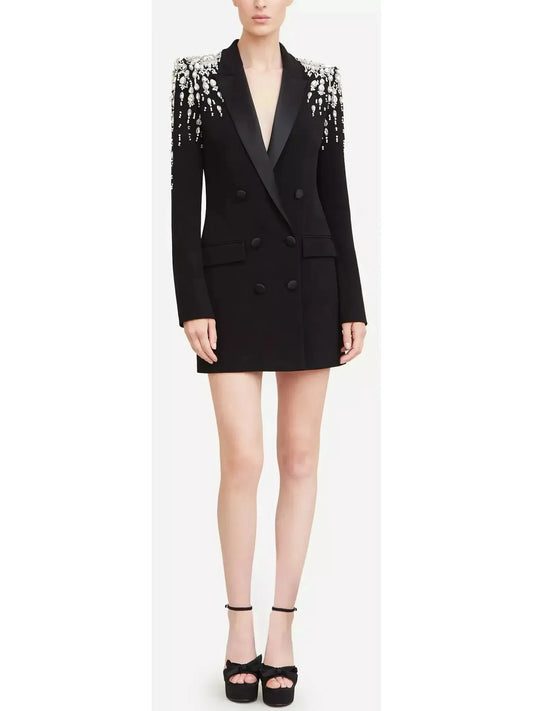 Beaded Embellished Double-Breasted Long Black Cady Blazer - Jackets