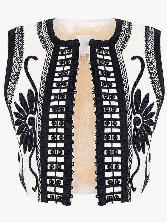 Beaded Embroidered Cropped Sherpa Lined Vest - Medium - Jackets