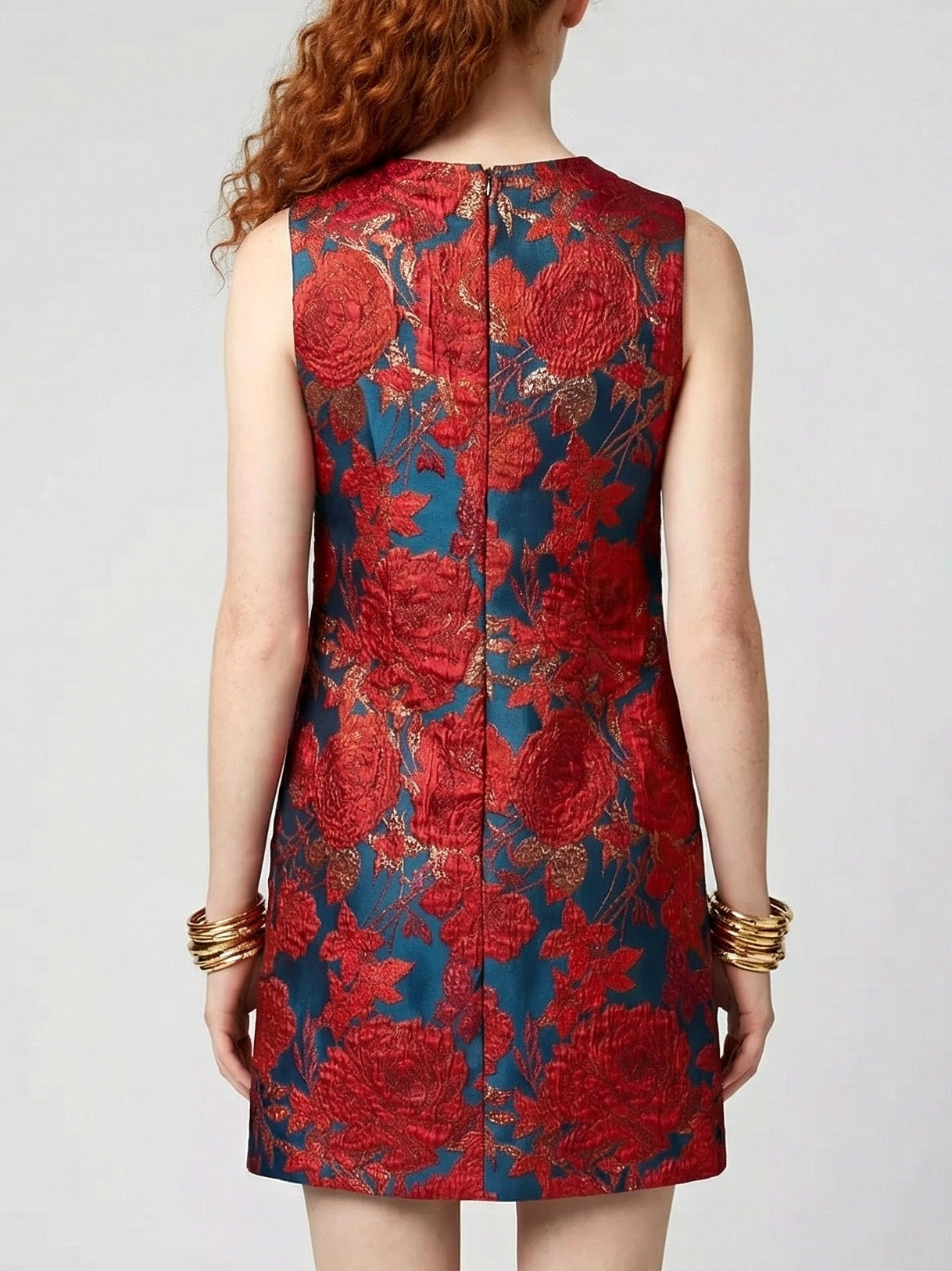 Beaded Floral Jacquard Sleeveless Mini Dress - Dresses