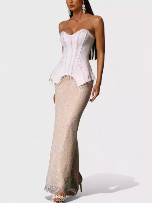 Beaded Strapless Corset Lace Gown - Dresses