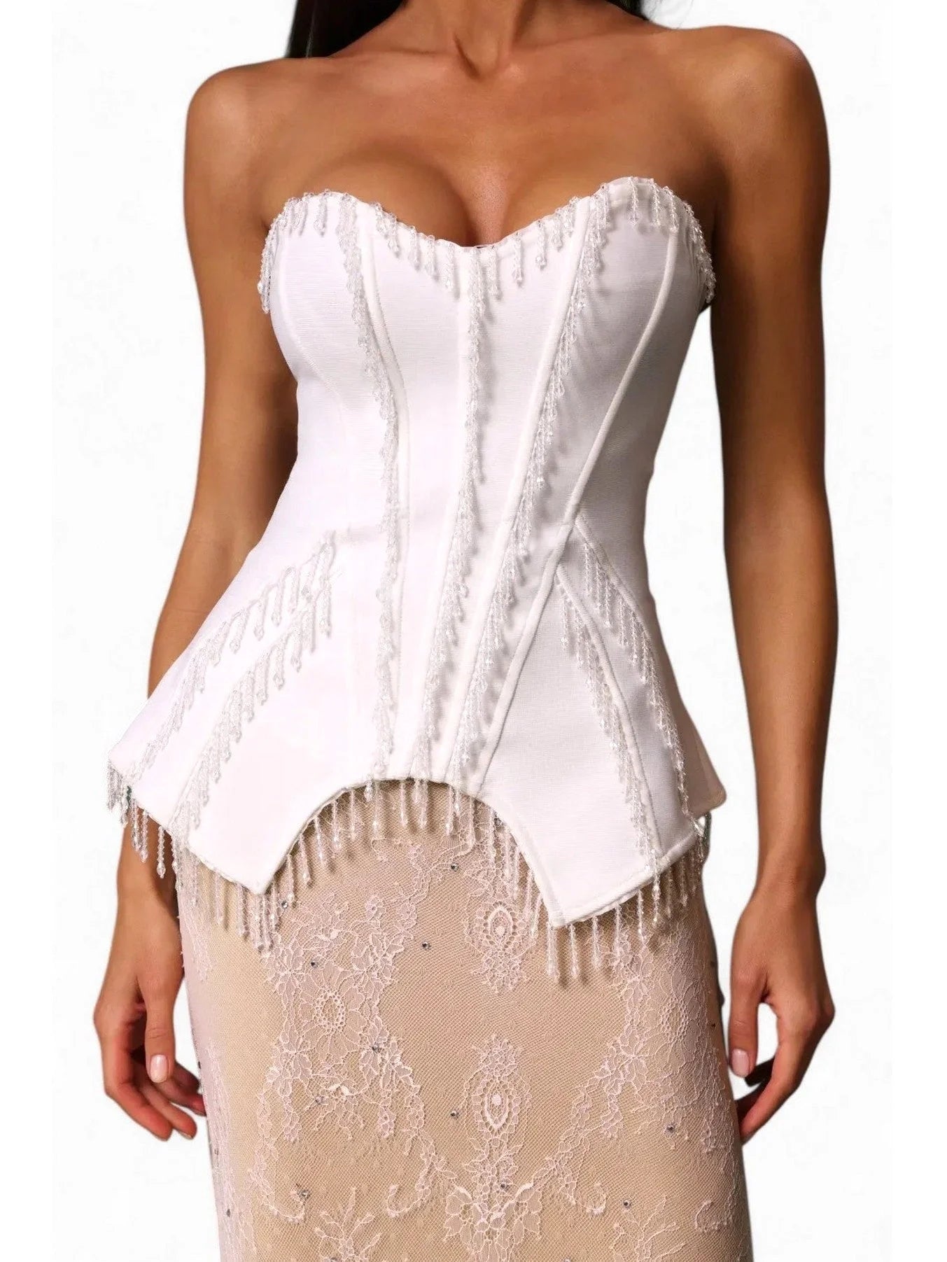 Beaded Strapless Corset Lace Gown - Dresses