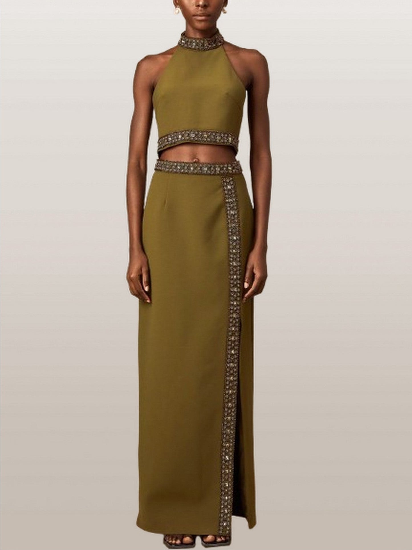 Beaded-Trim Crop Halter Top and Skirt Set - Suits & Sets