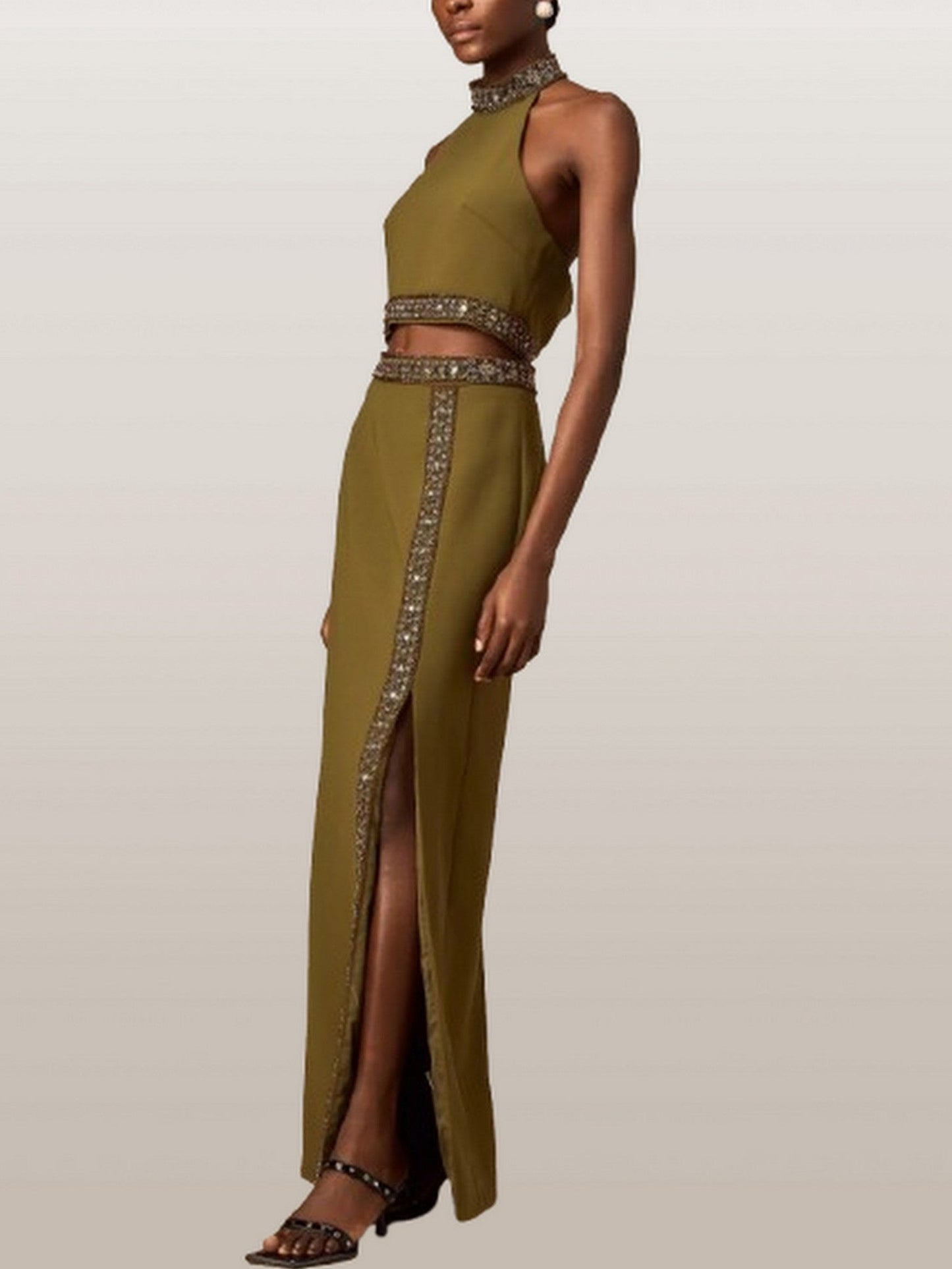 Beaded-Trim Crop Halter Top and Skirt Set - Suits & Sets